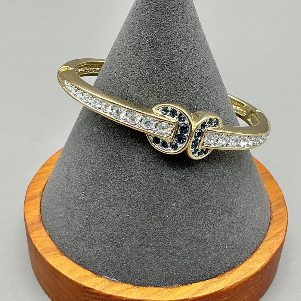 Bracelet Gold Tone Clear Blue Rhinestone Knot Hinged Bangle Statement 6.5"